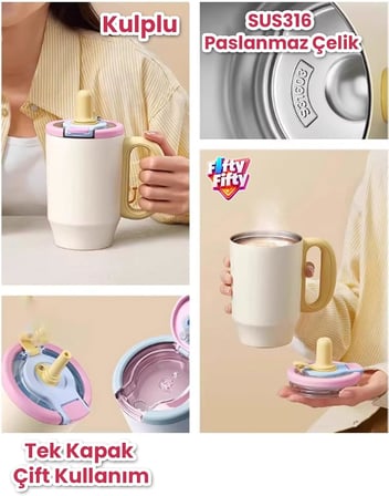 680 ML Tek Kapak Çift Kullanım Pipetli Rahat İçim Kulplu Paslanmaz Çelik Termos Mug FFVGN1113-680ML Mor