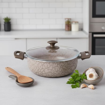 Magma Derin Tencere - 22cm-24cm Seçenekli - İç Dış Beyaz ve Bronz Detaylı Yanmaz Yapışmaz Cam Kapaklı Çorba ve Yemek Tenceresi