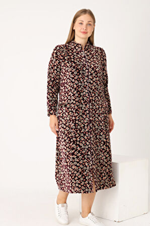 Bordo Çiçek Desenli Boydan Fermuarlı Cepli Pamuklu Kadife Hakim Maxi Boy Yaka Büyük Beden Elbise