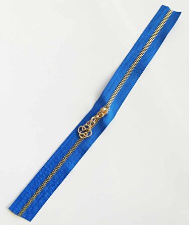 Başlıklı Fermuar 40 cm Light Gold Metal Saks Mavi