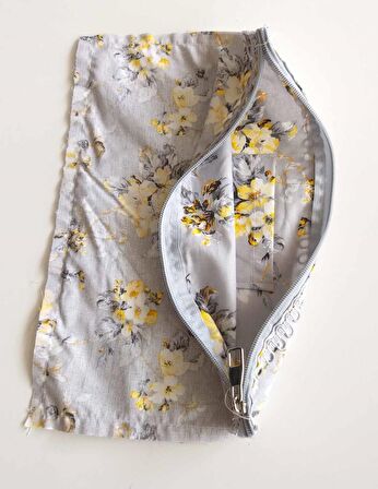 20x30 cm Dikilmiş Fermuarlı Astar Gri Zemin Sari Çiçek