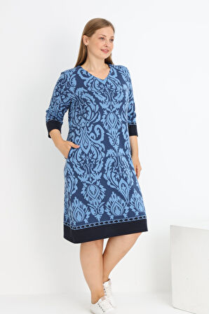 Kadın Büyük Beden Truvakar Kollu Cepli Likralı V Yaka Elbise