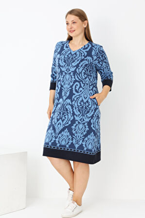 Kadın Büyük Beden Truvakar Kollu Cepli Likralı V Yaka Elbise