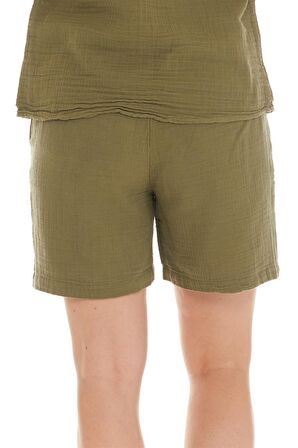 Müslin Haki Bağlamalı Şort 