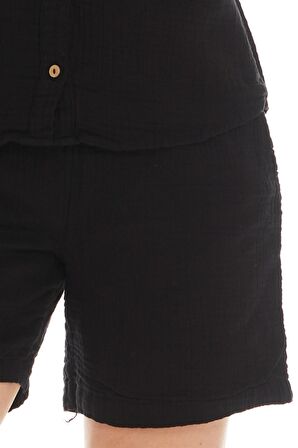 Müslin Siyah Bağlamalı Şort 