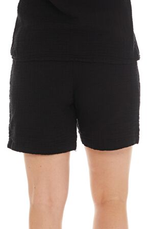 Müslin Siyah Bağlamalı Şort 