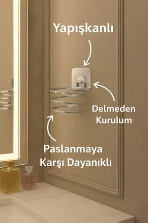 Metal Krom Yapışkanlı Saç Kurutma Makinesi Askısı - Banyo Duvar Düzenleyici MS-012 