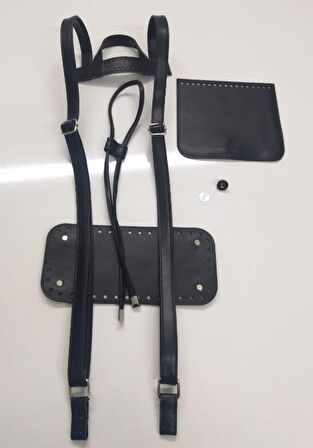 Suni Deri Siyah Renk Gümüş Metal Sırt Çanta Seti