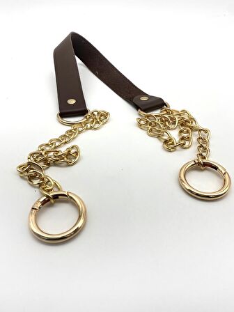 Tek Kat Suni Deri Kahverengi İnce Zincirli Sap Light Gold Metal