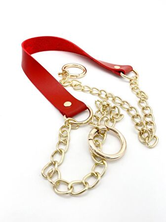 Tek Kat Suni Deri Kırmızı Renk İnce Zincirli Sap Light Gold Metal