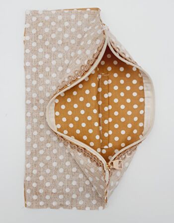 20X30 Cm Dikilmiş Fermuarlı Astar Hardal Sarı Puantiyeli