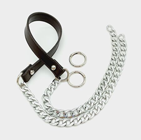 Suni Deri Dikişli Gümüş Zincirli Kahverengi Çanta Sapı