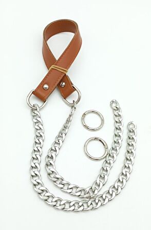 Suni Deri Dikişli Gümüş Zincirli Açık Taba Renk Çanta Sapı