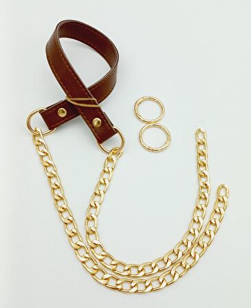 Suni Deri Dikişli Taba Renk Light Gold Zincirli Çanta Sapı