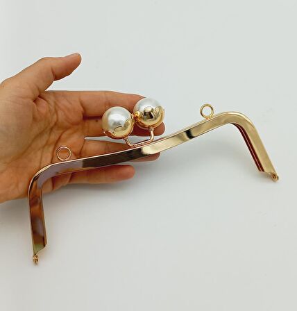 21 Cm İncili Light Gold Çanta Klipsi Çanta Bursu