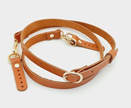 130X1,5 Cm Taba-Turuncu Gerçek Deri Light Gold Tokalı Çanta Sapı