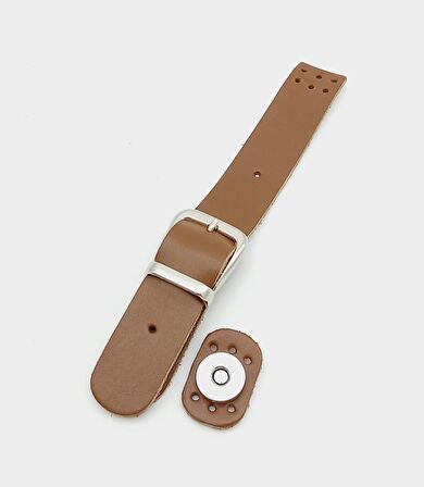 18x2,3 cm Sütlü Kahve Gerçek Deri Tokalı Çanta Kapağı Gümüş Metalli