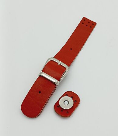 18x2,3 cm Kırmızı Gerçek Deri Tokalı Çanta Kapağı Gümüş Metalli