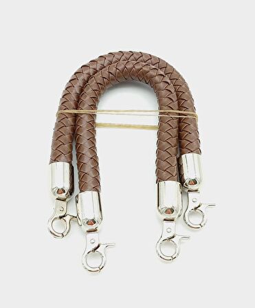 Kahverengi Kısa Örme Çanta Sapı Gümüş Metal