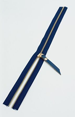 Gerçek Deri Başlıklı Lacivert Fermuar 40 Cm Light Gold Metal