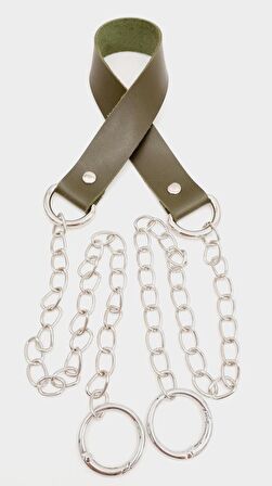 Tek Kat Suni Deri Haki Renk İnce Zincirli Sap Gümüş Metal