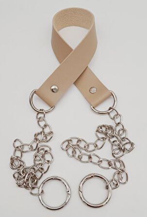 Tek Kat Suni Deri Bej Renk İnce Zincirli Sap Gümüş Metal