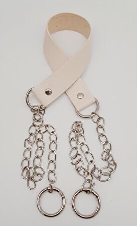 Tek Kat Suni Deri Krem Renk İnce Zincirli Sap Gümüş Metal