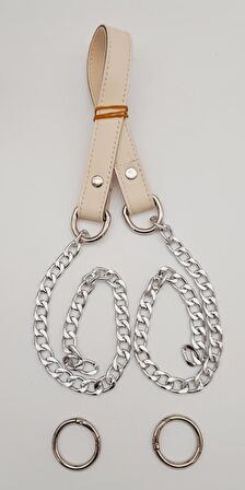 Suni Deri Dikişli Gümüş Zincirli Krem Renk Çanta Sapı