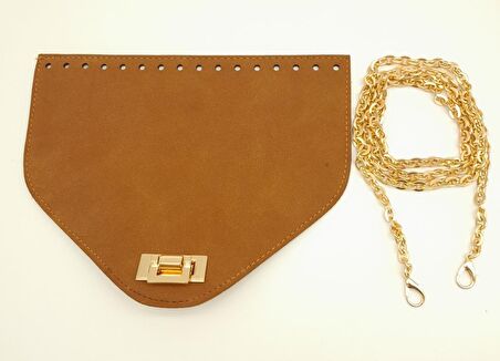 Taba Renk Nubuk Süet 22.5x17 cm Kapaklı 120 cm Zincirli Çanta Seti