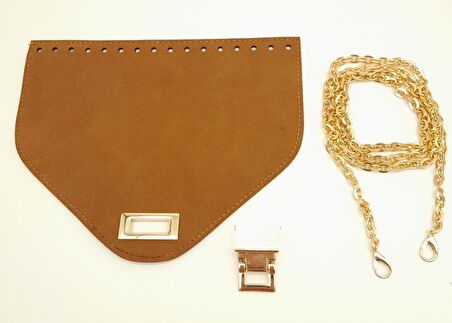 Taba Renk Nubuk Süet 22.5x17 cm Kapaklı 120 cm Zincirli Çanta Seti