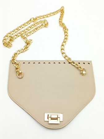 Koyu Bej Renk Suni Deri 100 cm Zincirli 22.5x18 cm Kapak Light Gold Metal