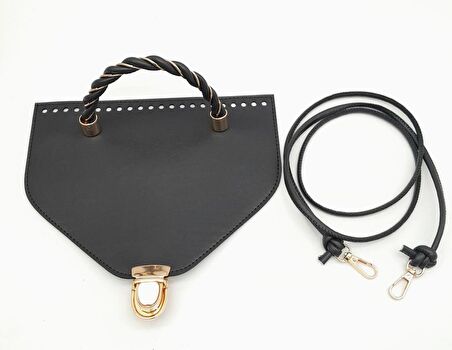 Siyah Suni Deri 22.5x17 cm Kapaklı 120 cm Saplı Çanta Seti Light Gold Metalli