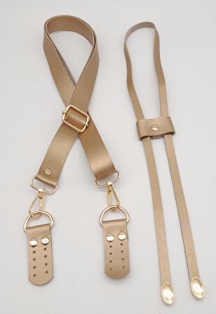 Gold Renk Suni Deri 120X2.4 Cm Ayarlı Çanta Saplı Büzgülü Set Light Gold Metal