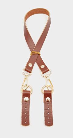 Kızıl Kahve Renk 60x1.5 cm Gerçek Deri Çanta Sapı Light Gold Metalli