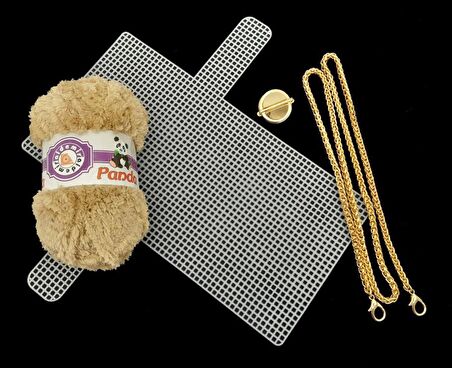 Kalın Örgü Zincir Panda Kürk İpli Çanta Seti Light Gold