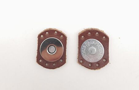 Kızıl Kahve Renk Gerçek Derili Oval Kenar Mıknatıslı Çıtçıt Gümüş Metalli