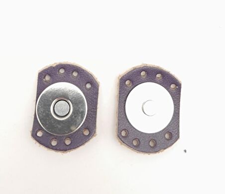 Mor Renk Gerçek Derili Oval Kenar Mıknatıslı Çıtçıt Gümüş Metalli