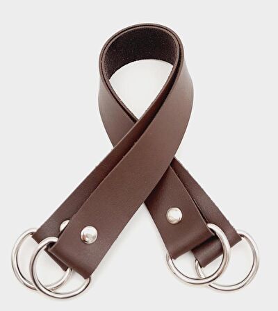 Kahverengi Suni Deri 38X2.5 Cm Çift Çanta Sapı Gümüş Metalli