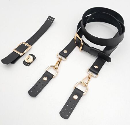 Siyah Tek Kat Suni Deri Çanta Seti Light Gold Metalli