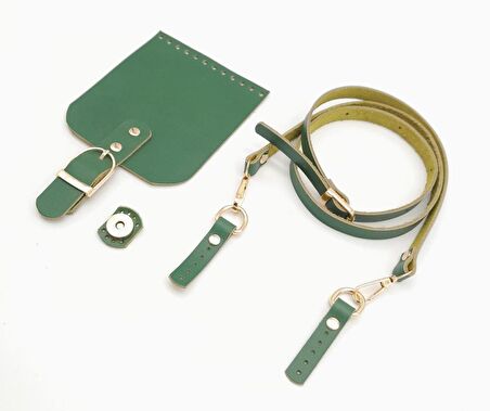 Yeşil Gerçek Deri 130x1.5 cm Ayarlı Saplı Çanta Seti Light Gold Metalli