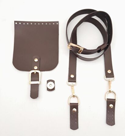Kahverengi Tek Kat Suni Deri 130x2 cm Ayarlı Saplı Çanta Seti Light Gold Metalli