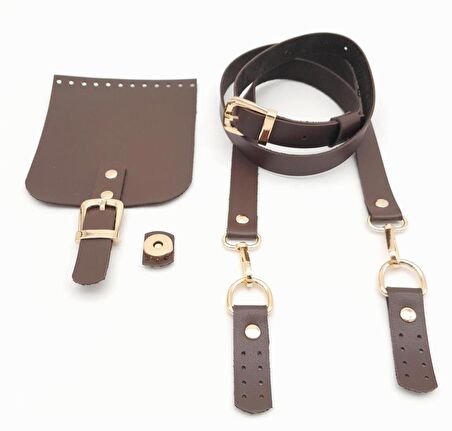Kahverengi Tek Kat Suni Deri 130x2 cm Ayarlı Saplı Çanta Seti Light Gold Metalli