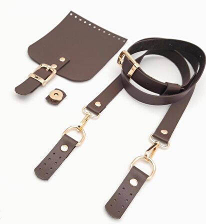 Kahverengi Tek Kat Suni Deri 130x2 cm Ayarlı Saplı Çanta Seti Light Gold Metalli
