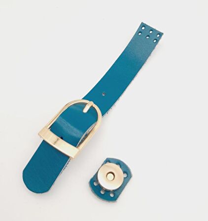 18x2,3 cm Turkuaz Gerçek Deri Tokalı Çanta Kapağı Light Gold Metalli