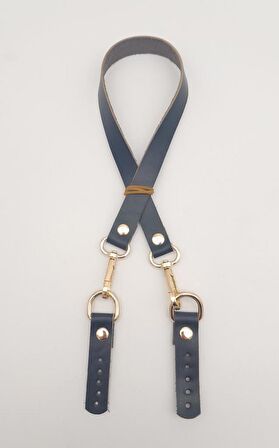 Lacivert Renk 60x1.5 cm Gerçek Deri Çanta Sapı Light Gold Metalli