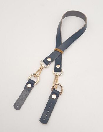 Lacivert Renk 60x1.5 cm Gerçek Deri Çanta Sapı Light Gold Metalli