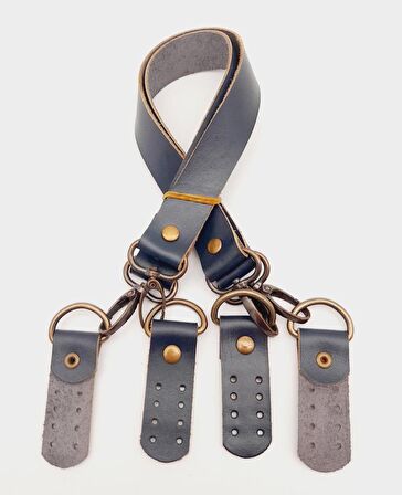 Lacivert Gerçek Deri 55 Cm Çift Sap Misu Model Antik Metal