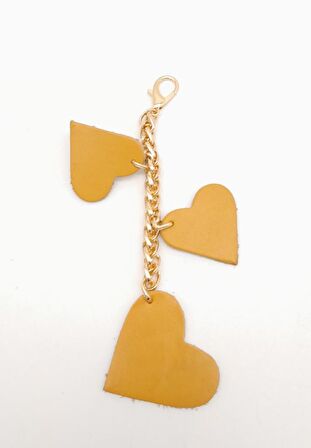 Hardal Gerçek Deri Kalpli Süs Püskül Light Gold Zincirli