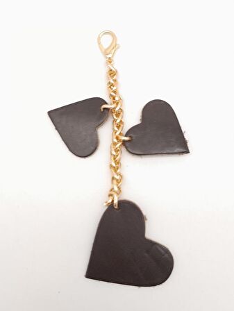 Kahverengi Gerçek Deri Kalpli Süs Püskül Light Gold Zincirli