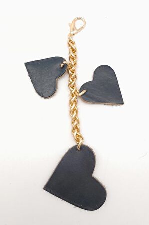 Lacivert Gerçek Deri Kalpli Süs Püskül Light Gold Zincirli